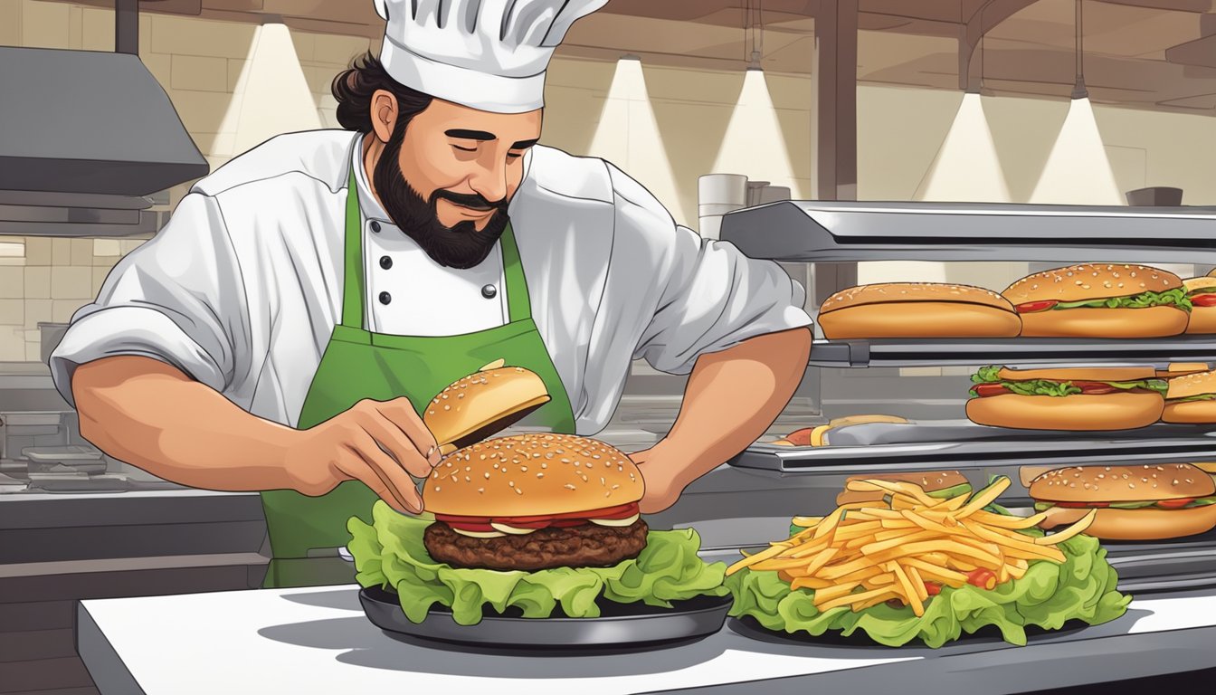 A chef carefully layers a juicy burger with fresh lettuce, tomatoes, and melted cheese, while a customer watches with anticipation