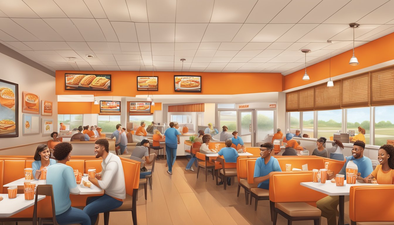 A bustling Whataburger restaurant with a mix of Texans savoring their favorite meals, sharing stories, and enjoying the familiar orange and white decor