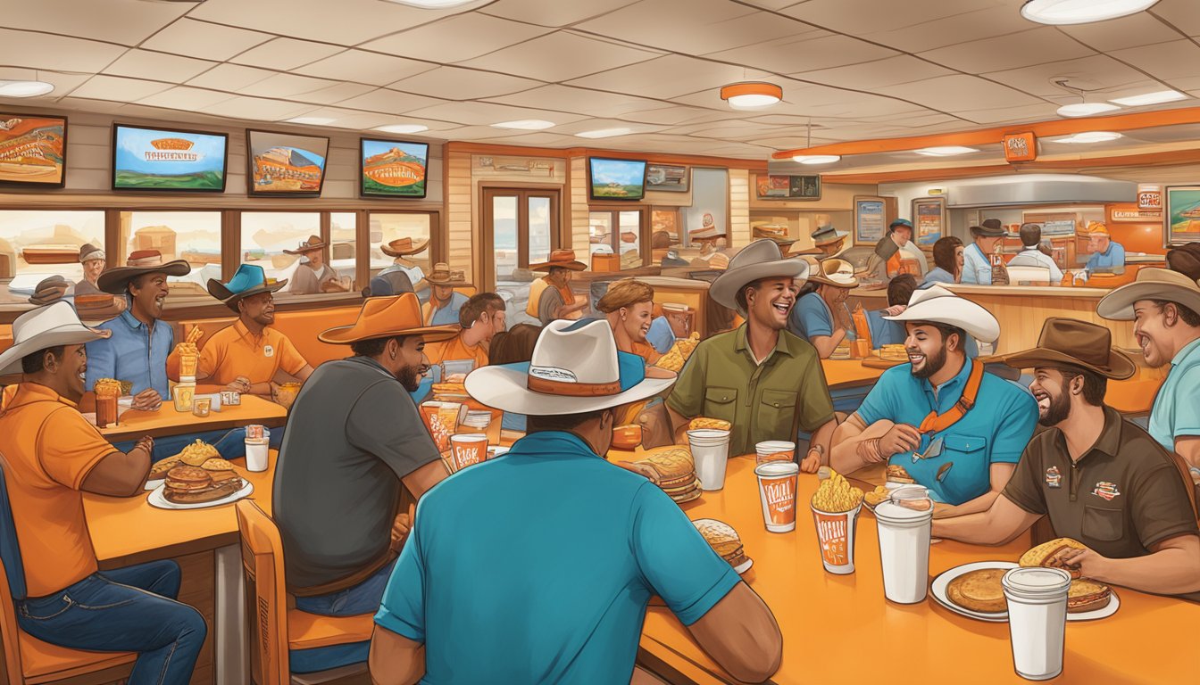 A bustling Whataburger restaurant filled with happy customers, some wearing cowboy hats and boots, while others sport Texas-themed shirts and accessories. The atmosphere is lively with laughter and chatter as old friends reunite over their favorite Whataburger meals