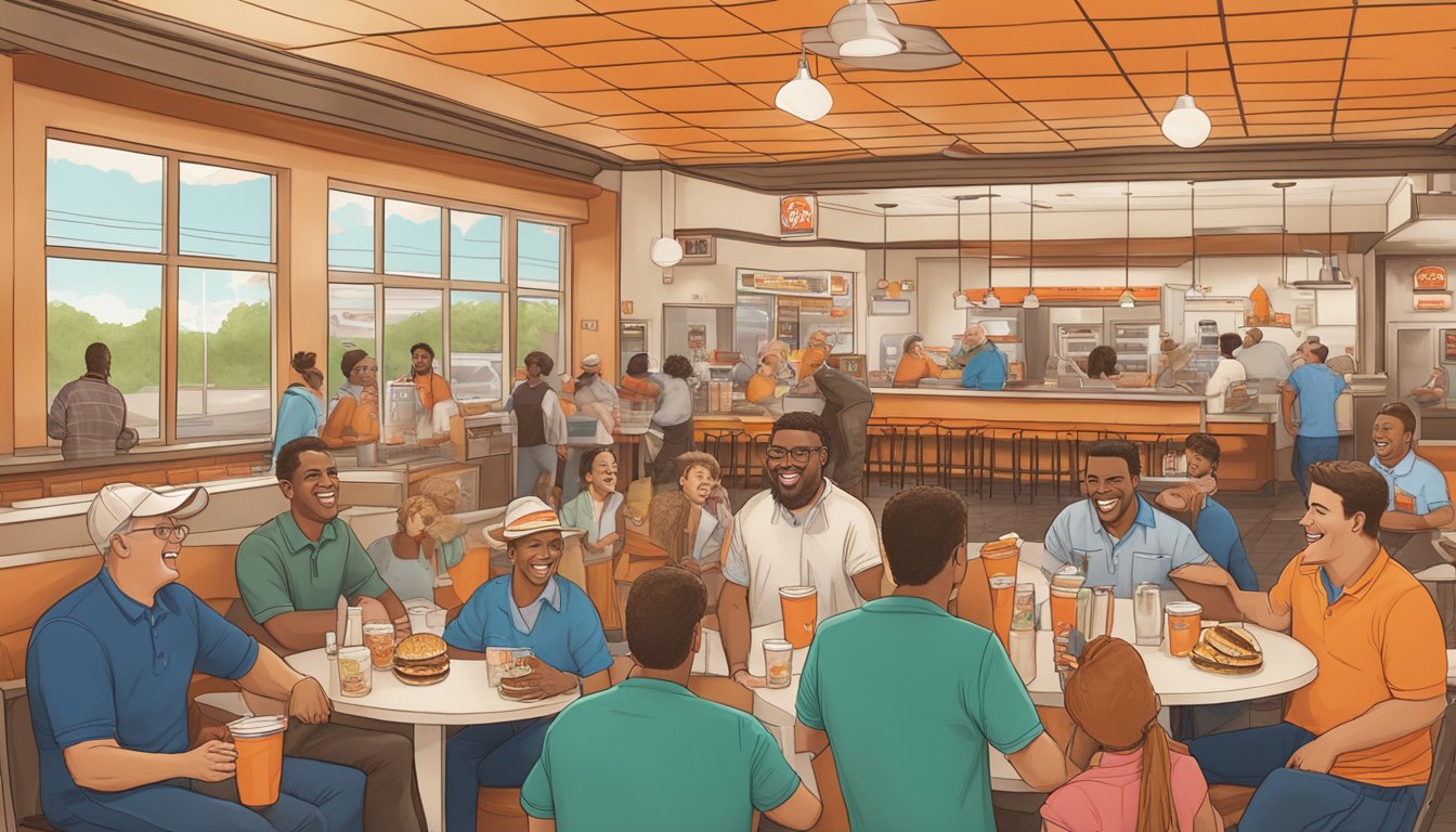 A bustling Whataburger restaurant with a mix of familiar faces and excited chatter, as Texans living abroad reunite for a taste of home