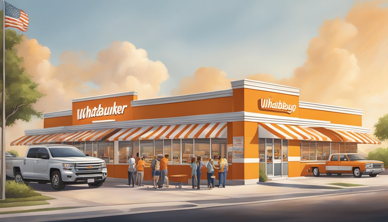 A bustling Whataburger restaurant with employees engaging with customers, displaying warm and friendly hospitality. The iconic orange and white striped building stands out against the Texas landscape