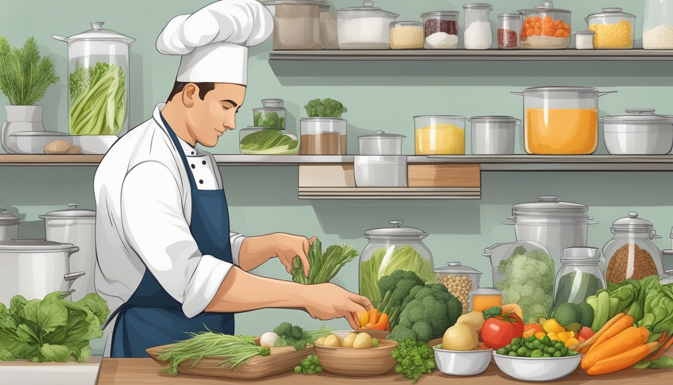 A chef carefully selects and prepares a variety of fresh ingredients, while ensuring separate cooking utensils and designated allergen-free areas in the kitchen