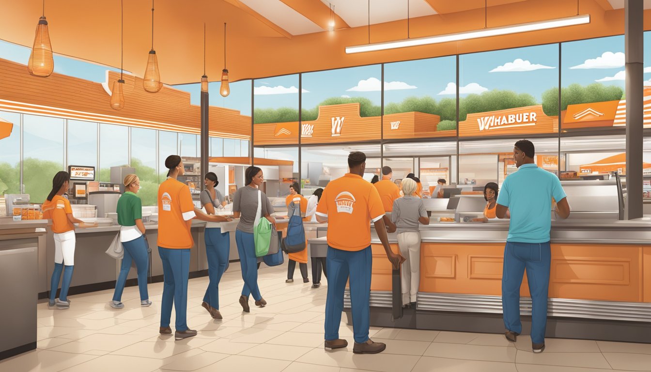 A bustling Whataburger restaurant with staff engaging customers with warm smiles and efficient service, showcasing the company's commitment to Texas-sized hospitality