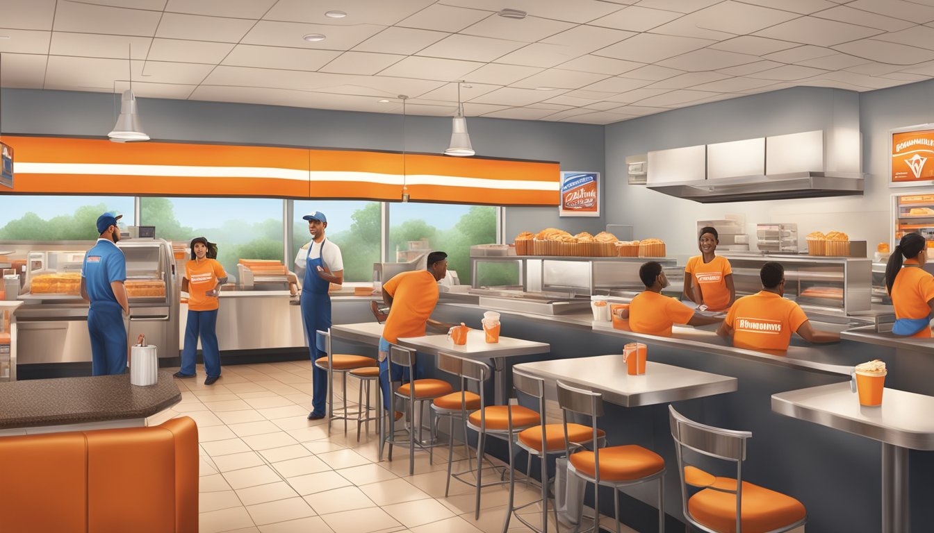 A bustling Whataburger restaurant with employees providing top-notch service and training new staff in a warm and welcoming Texas-themed environment