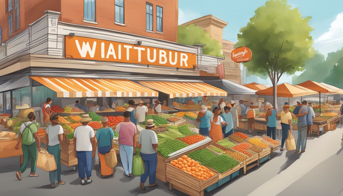 A bustling farmer's market with vendors selling fresh produce and local goods, with a Whataburger restaurant in the background