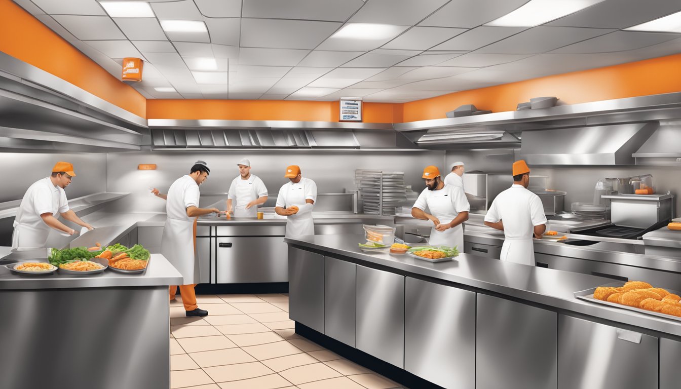 A bustling Whataburger kitchen with chefs creating innovative menu items and training materials displayed on the walls