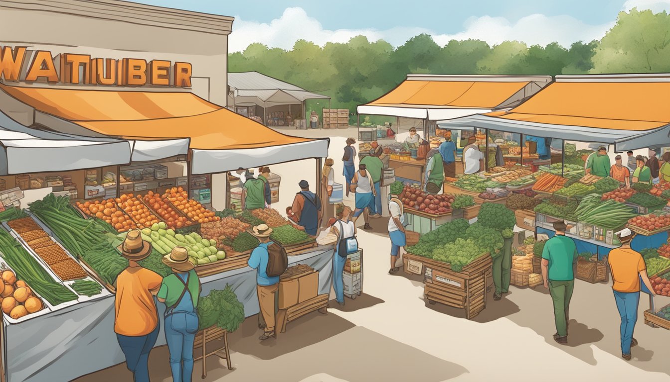 A bustling farmer's market with various Texas and regional suppliers showcasing their fresh produce and products, with the Whataburger logo prominently displayed