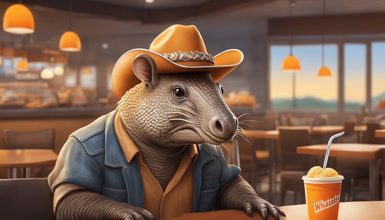 A cowboy hat-wearing armadillo greeting customers with a smile at a Whataburger restaurant