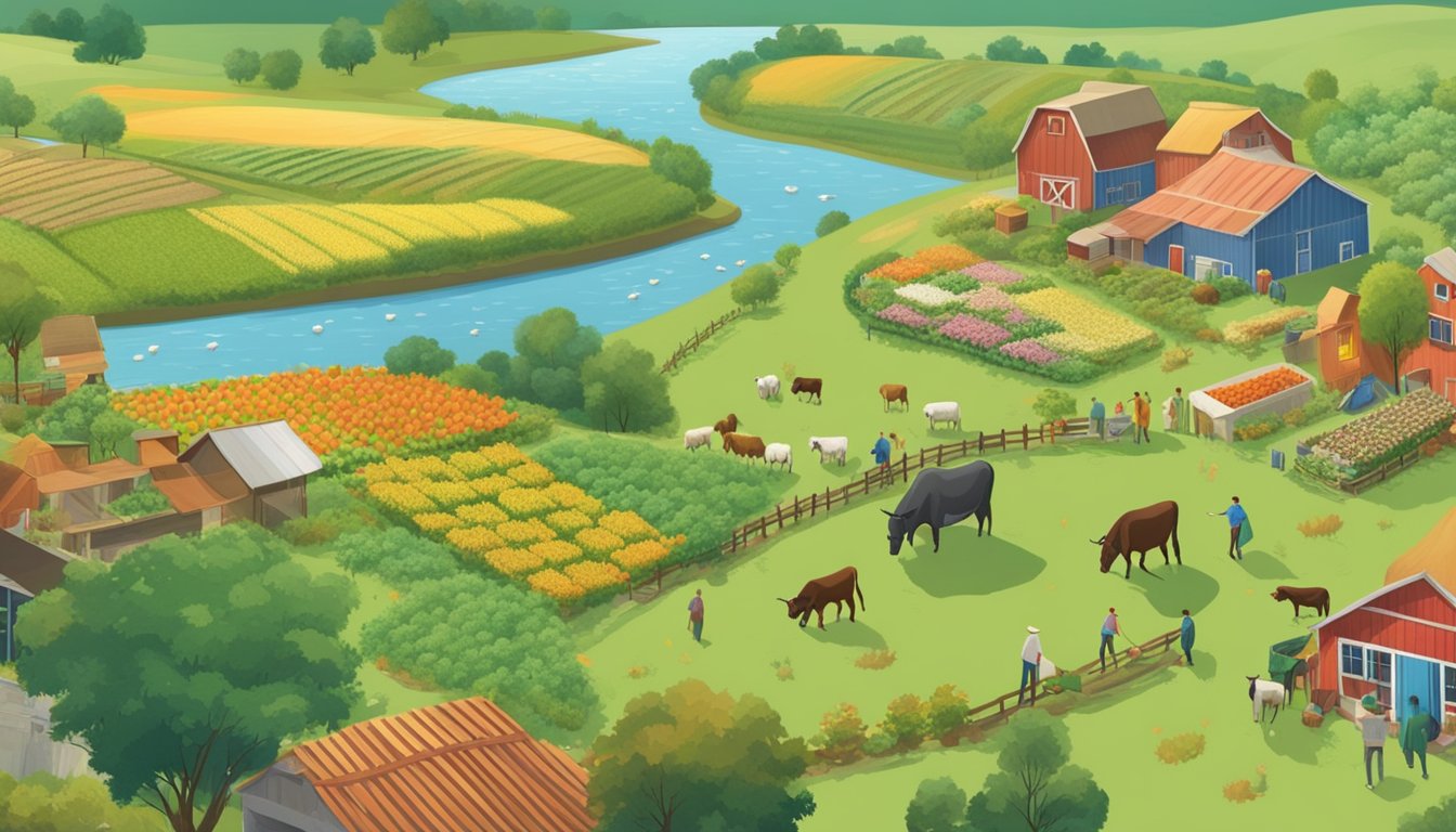 A sprawling pasture with grazing cattle, a farmer tending to the land, and a bustling local market with fresh produce