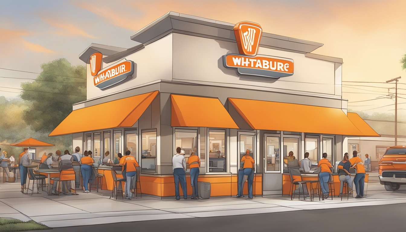 A bustling Whataburger restaurant with employees using cutting-edge technology to train for delivering exceptional Texas-sized hospitality