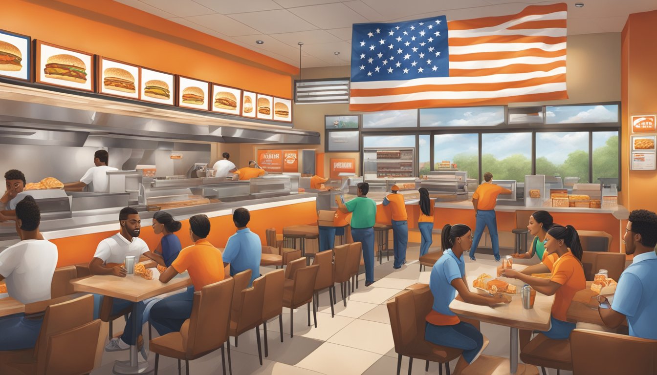 A bustling Whataburger restaurant with employees engaging with customers, exuding warmth and hospitality. The Texas flag proudly displayed in the background