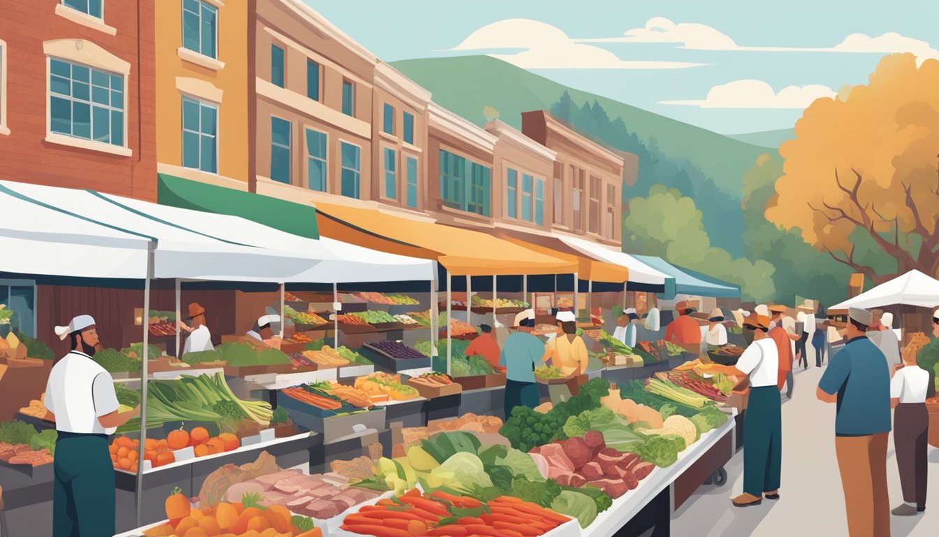 A bustling farmer's market with vendors proudly displaying locally-sourced produce and meats, while a chef carefully selects the freshest ingredients