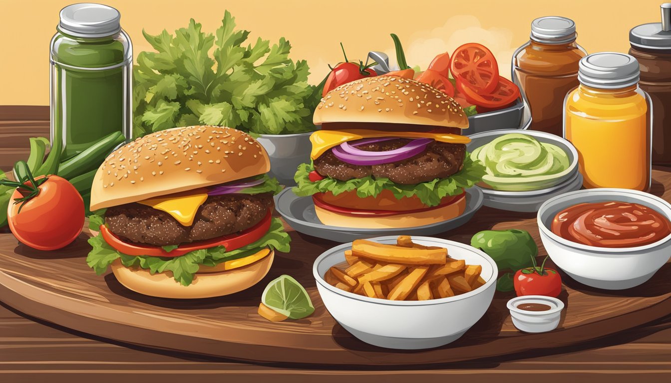 A sizzling grill with juicy burgers, fresh produce, and savory spices. A table adorned with classic condiments and homemade sauces. Warm, inviting colors and the aroma of delicious, familiar flavors