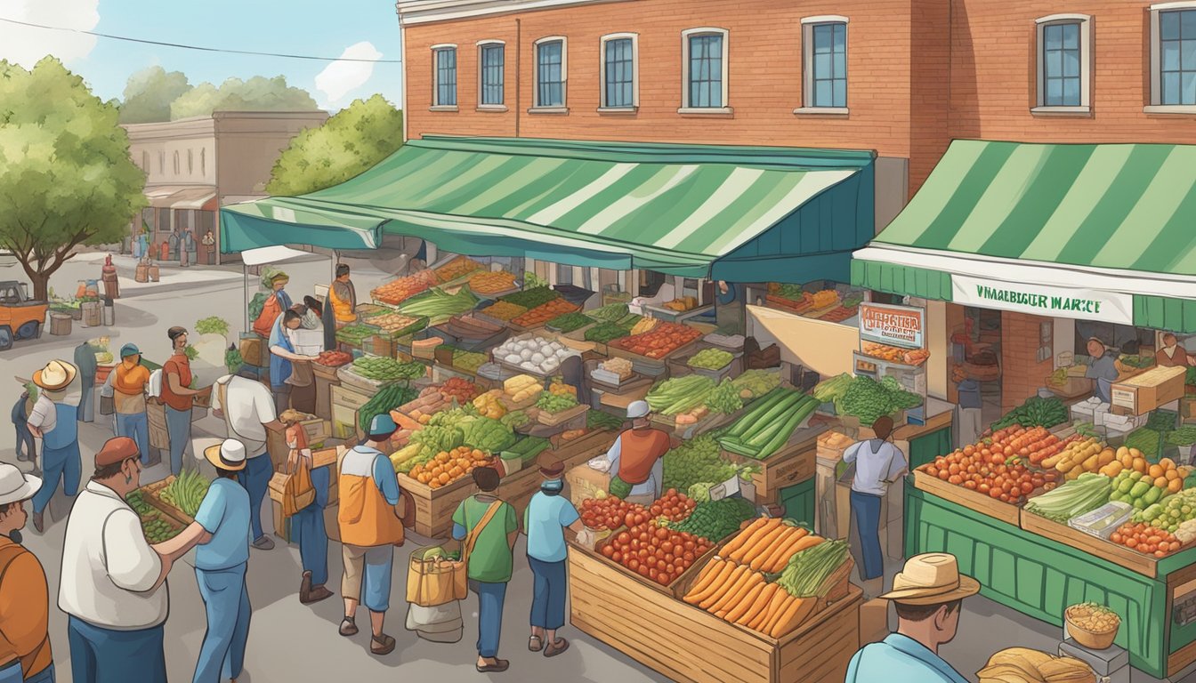 A bustling farmer's market with vendors selling fresh produce to a Whataburger representative