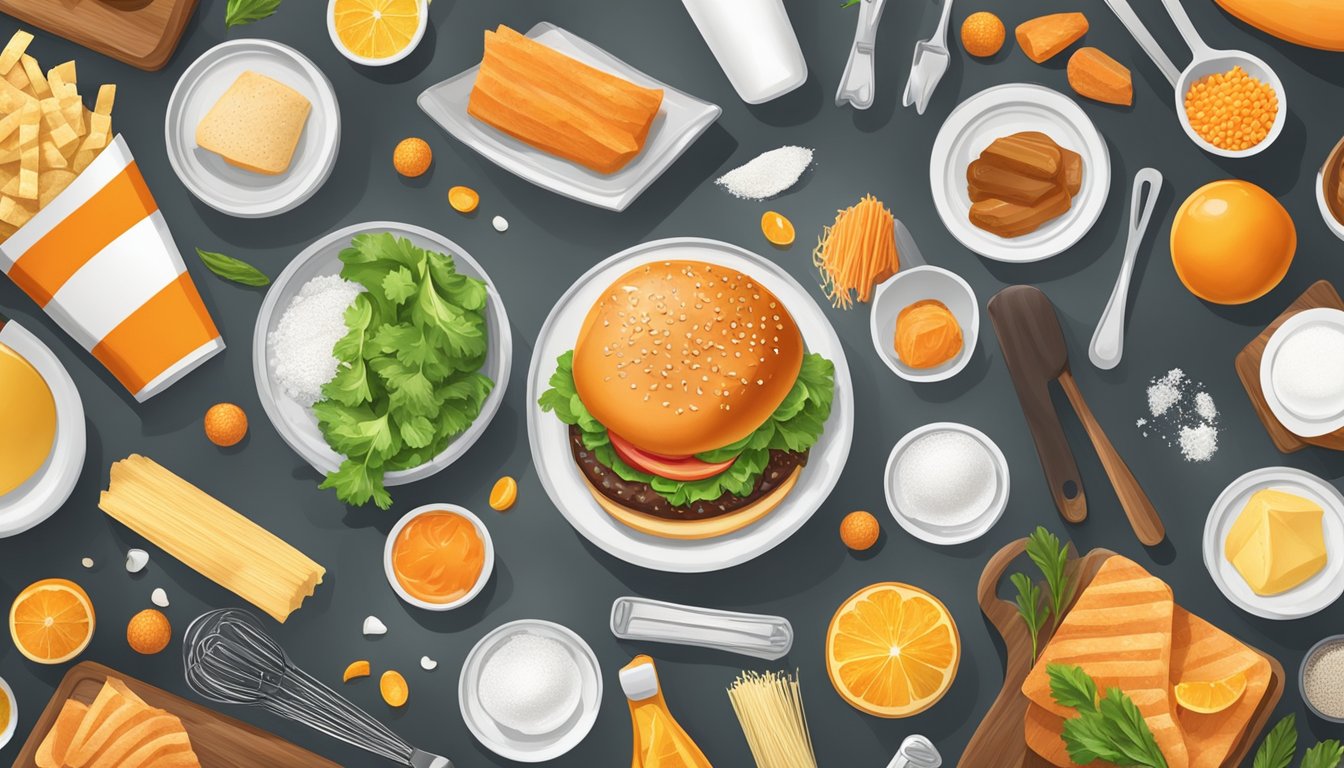 A kitchen counter with ingredients and utensils for making Whataburger-inspired dishes