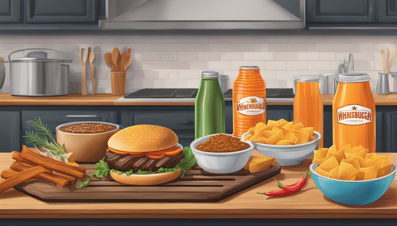 A sizzling grill with Texas-inspired ingredients, a colorful array of spices, and a classic Whataburger cup on a kitchen counter