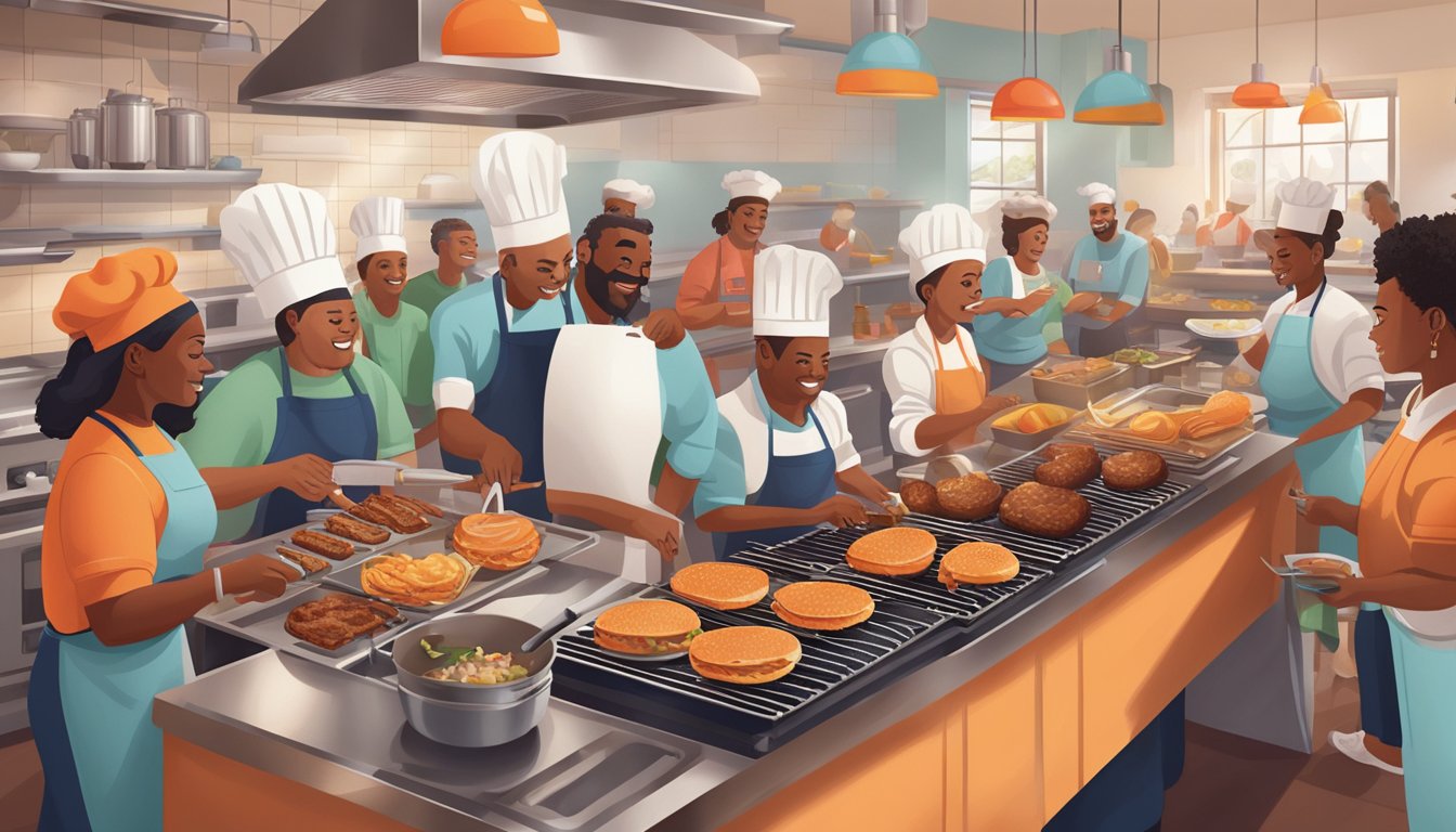 A bustling kitchen filled with sizzling grills, savory aromas, and a diverse group of people cooking and sharing Whataburger-inspired dishes