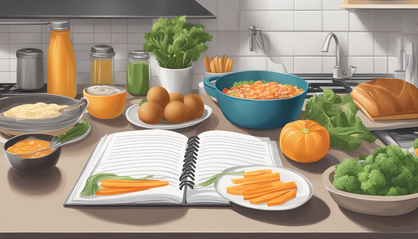 A kitchen counter with fresh ingredients, a recipe book, and a Whataburger-inspired dish being cooked on the stove