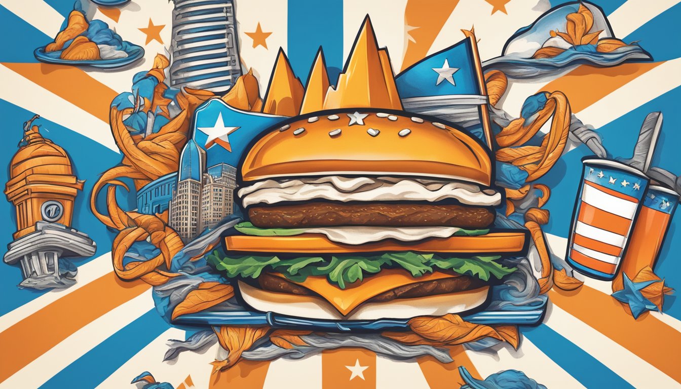 A colorful, detailed tattoo of the iconic Whataburger logo and Texas flag, surrounded by vibrant Texas-themed imagery and symbols