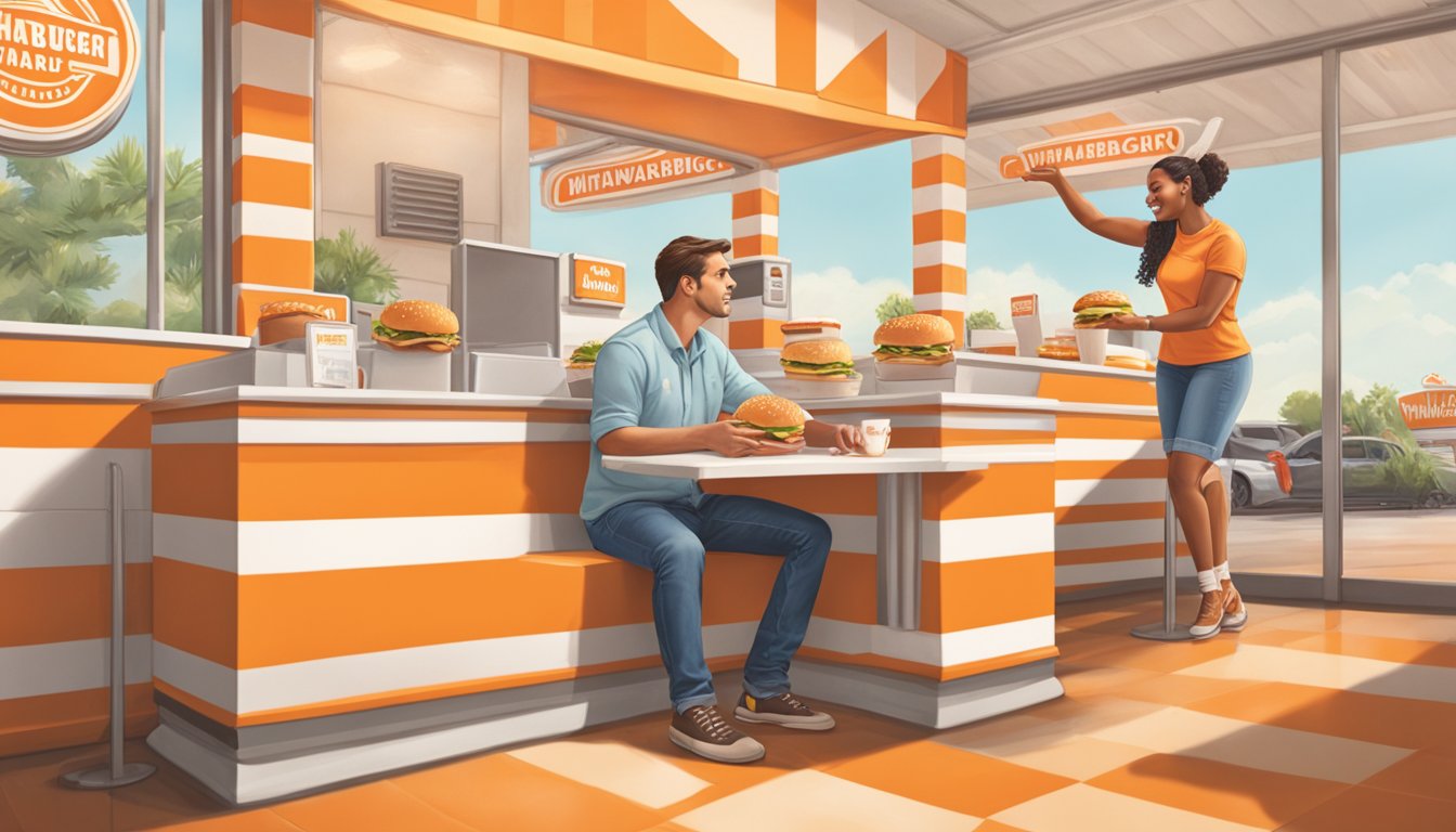 A couple sits at a Whataburger booth, surrounded by orange and white decor. The man holds a burger as he kneels, presenting a ring to the woman