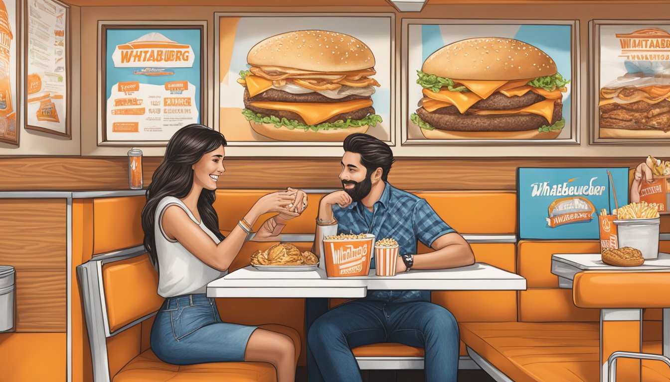 A couple sits at a Whataburger booth, surrounded by iconic menu items and Texas-themed decor, as the man presents a ring to his partner