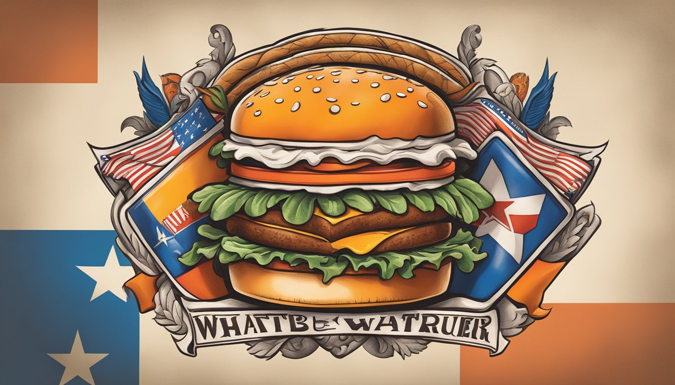 A bold, colorful tattoo of the iconic Whataburger logo and Texas flag, surrounded by traditional Texan imagery and symbols