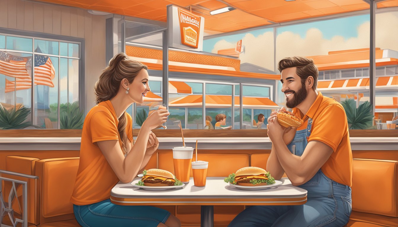 A couple sharing a meal at a Whataburger, surrounded by Texas-themed decor and enjoying the fast food romance of the iconic Texas chain