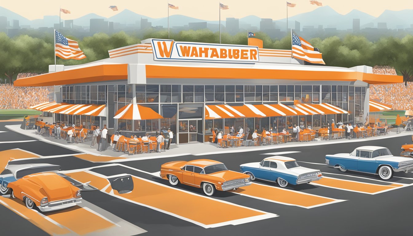 A bustling Whataburger restaurant with a retro design, surrounded by Texas sports stadiums and teams. The iconic orange and white striped A-frame building stands out against the backdrop of cheering fans and athletic events