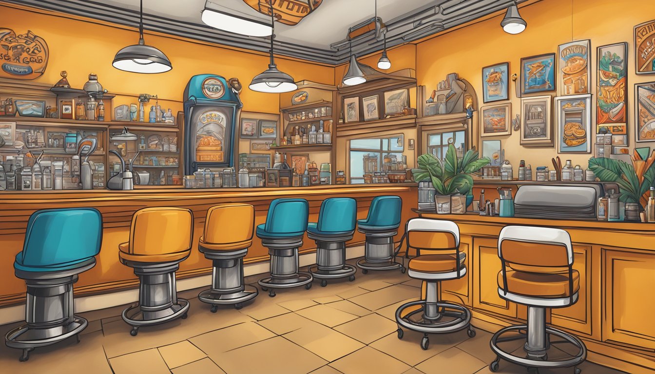 A colorful tattoo parlor with a line of customers, featuring Texas-themed designs, including Whataburger logos and iconic imagery