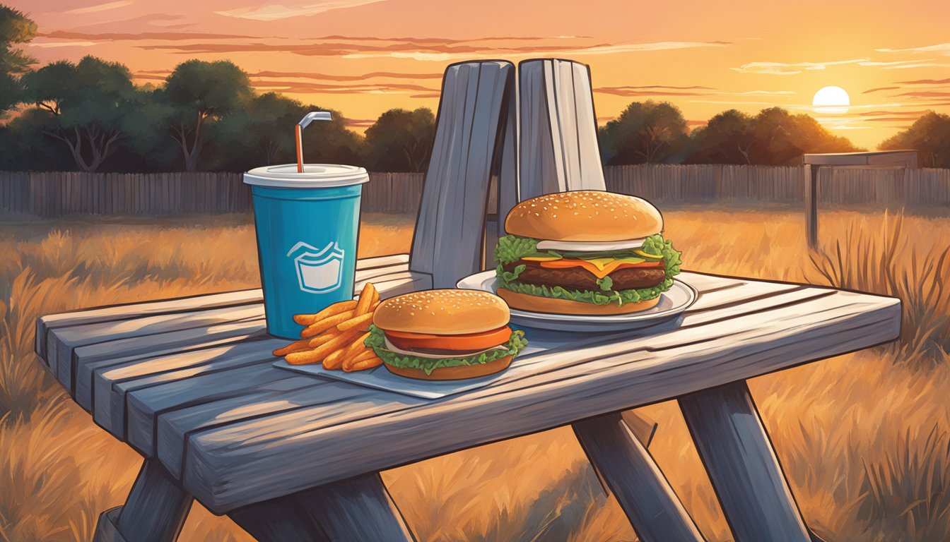 A couple of Whataburger meals sit on a picnic table with a Texas sunset in the background, while a lone cowboy hat rests on the seat of a nearby chair