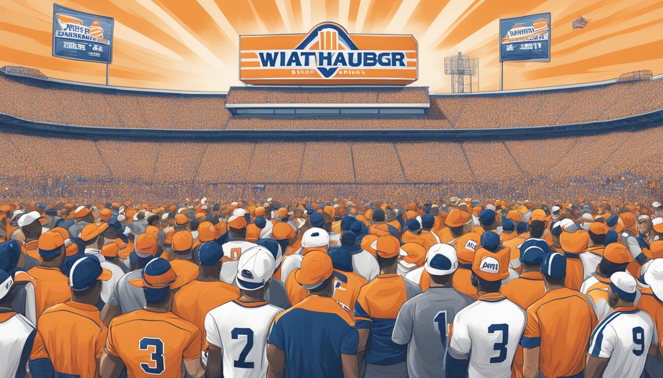 A Whataburger logo prominently displayed on the sideline of a Texas sports event, surrounded by cheering fans and athletes