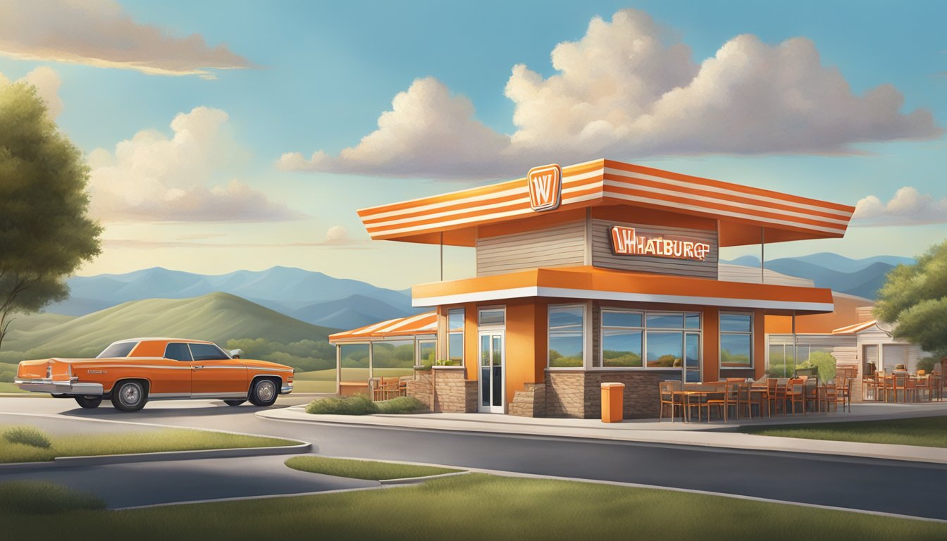 A bustling Whataburger restaurant surrounded by rolling Texas hills and a big, open sky