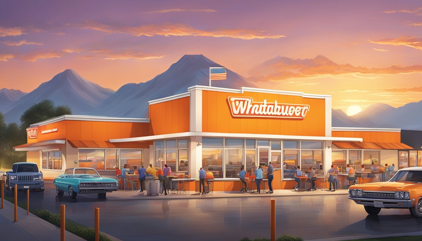 A bustling Whataburger restaurant with a Texas sunset in the background, customers enjoying their meals at outdoor tables, and a line of cars at the drive-thru