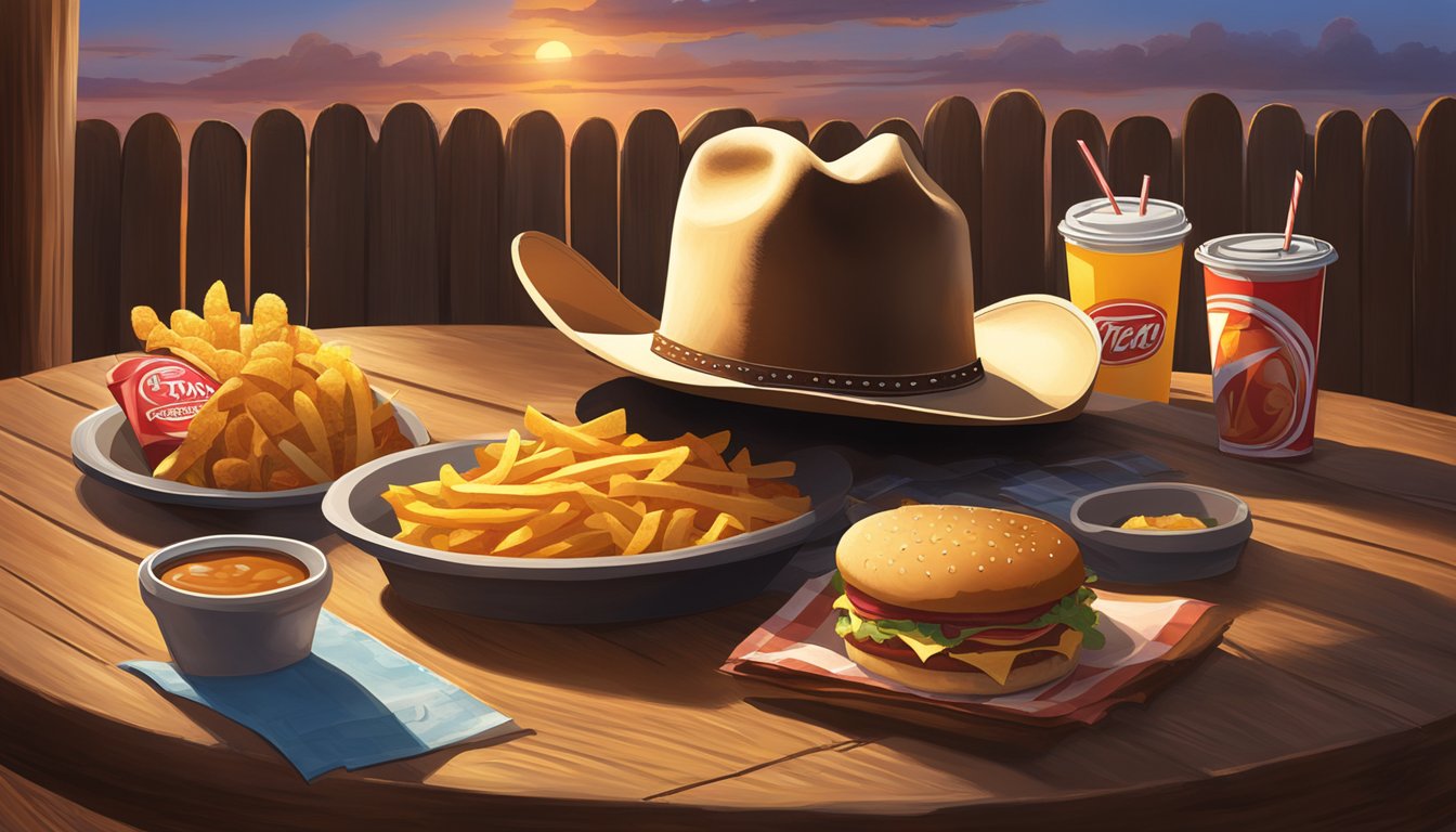 A lone cowboy hat rests on a weathered wooden table, surrounded by a spread of classic Texas fast food fare. The warm glow of a sunset casts a romantic ambiance over the scene