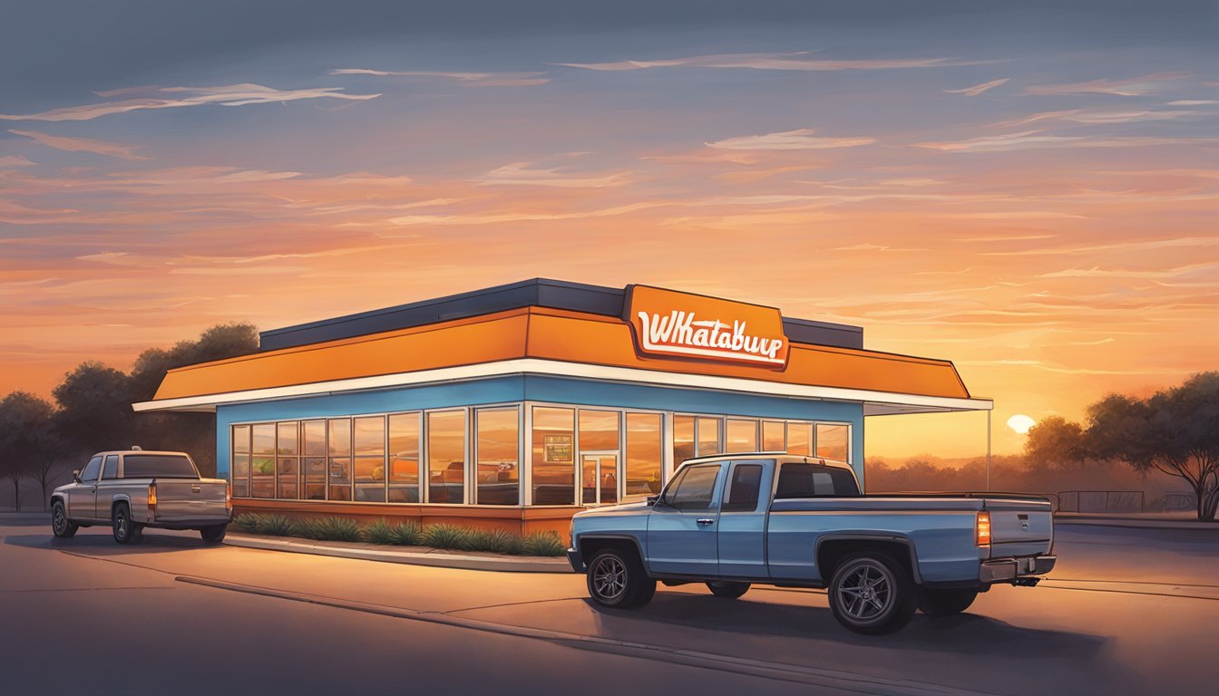 A lone Whataburger restaurant stands proudly amidst a Texas sunset, with a line of cars wrapped around the drive-thru and a warm glow emanating from the windows