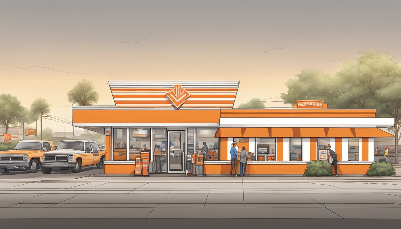 A bustling Whataburger restaurant with the iconic orange and white striped A-frame building, drive-thru lanes, and a line of customers at the counter