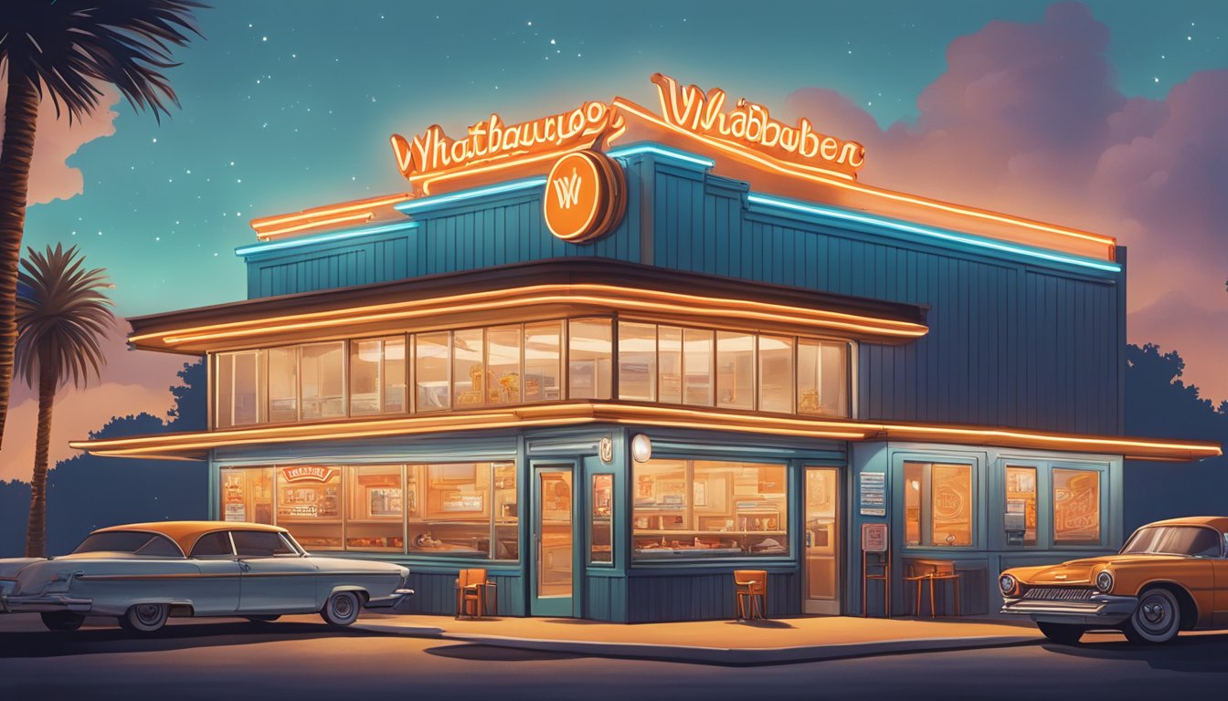 A bustling late-night diner with a menu board featuring Whataburger's iconic offerings, surrounded by Texan decor and neon lights