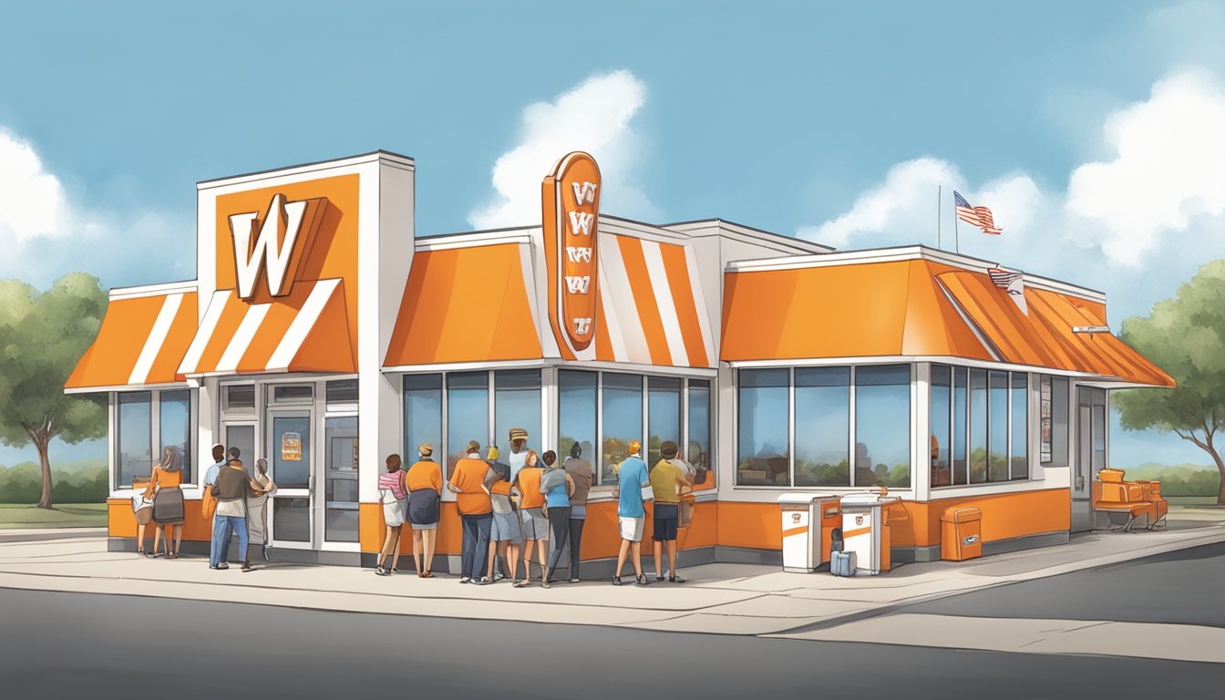 A bustling Whataburger restaurant with a line of customers wrapped around the building, iconic orange and white striped awning, and a welcoming sign adorned with the famous "Flying W" logo