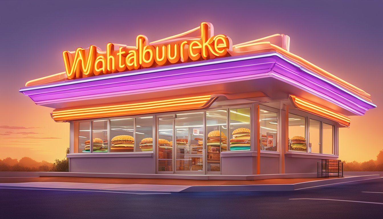 A colorful, larger-than-life sculpture of a Whataburger meal surrounded by neon lights and fast food packaging