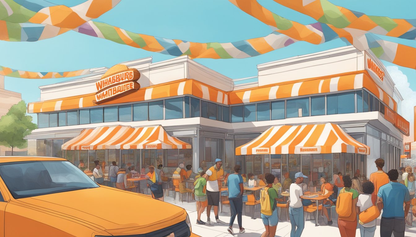 A towering Whataburger-inspired art installation surrounded by bustling fast food restaurants, with people of diverse backgrounds enjoying their meals