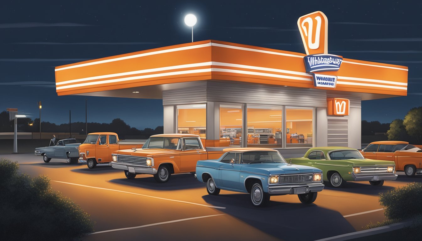 A bustling Whataburger drive-thru at night, with cars lined up and employees efficiently serving customers. The iconic orange and white striped building stands out against the dark sky