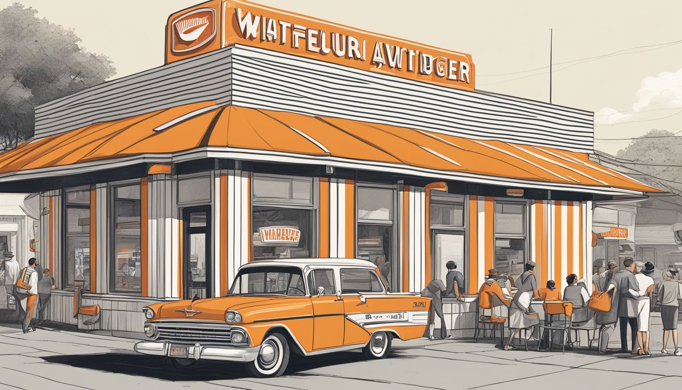 A bustling Whataburger restaurant with a line of customers wrapped around the building, iconic orange and white striped awning, and a sign proudly displaying "Since 1950" in bold letters