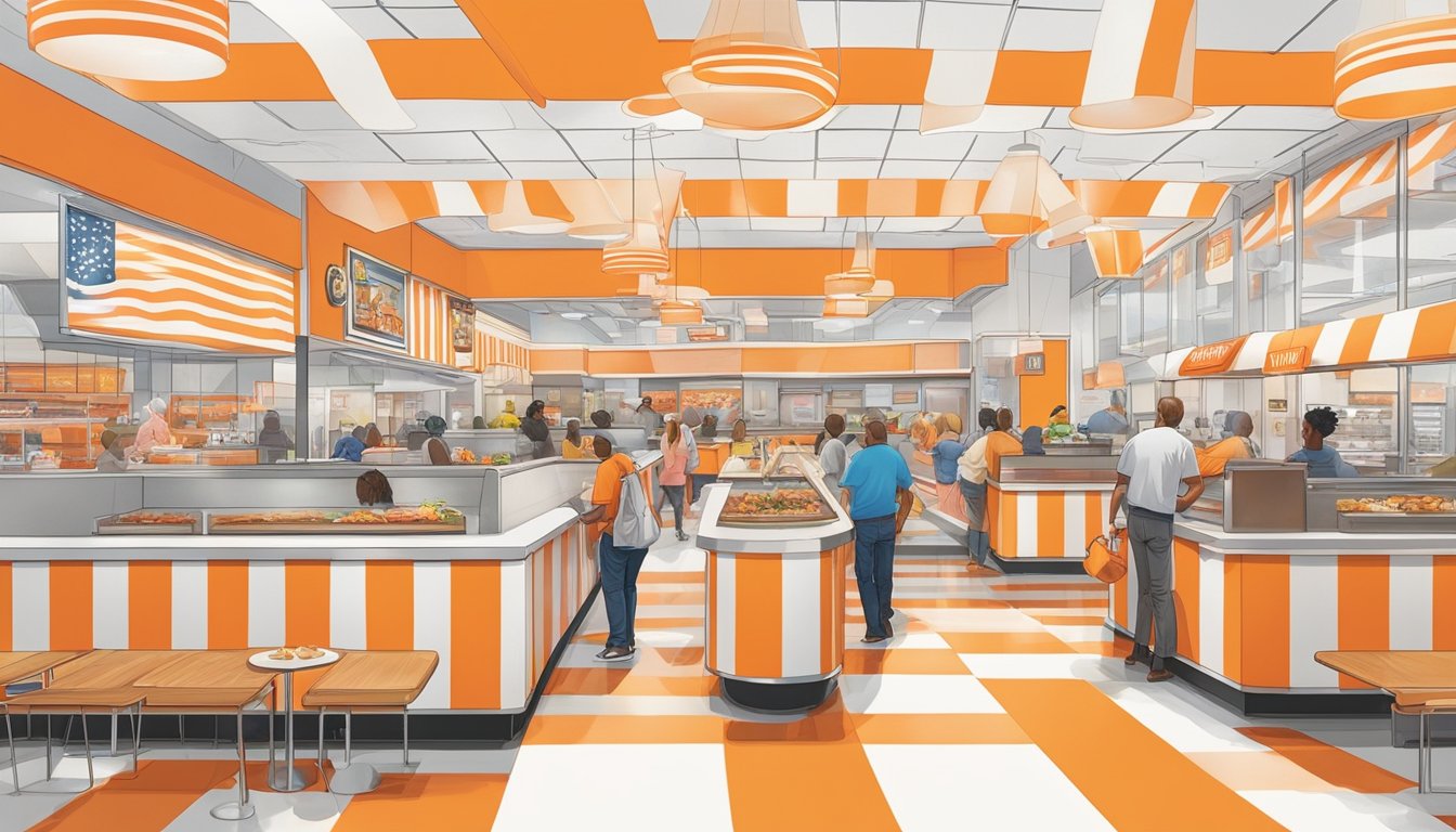 A bustling Whataburger restaurant with iconic orange and white stripes, customers enjoying their meals, and a larger-than-life art installation representing the fast food chain's cultural significance