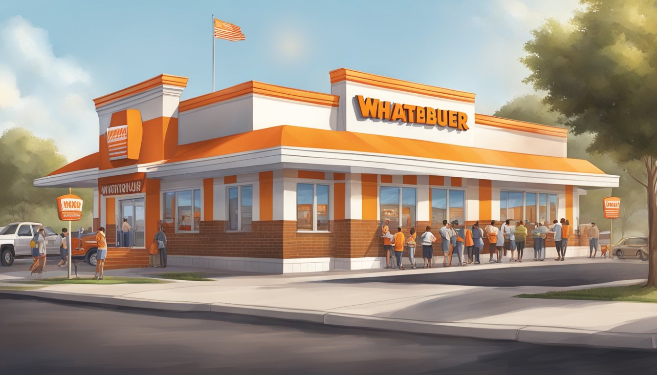 A bustling Whataburger restaurant with a line of hungry customers wrapped around the building, iconic orange and white striped exterior, and a welcoming aroma of sizzling burgers and fries