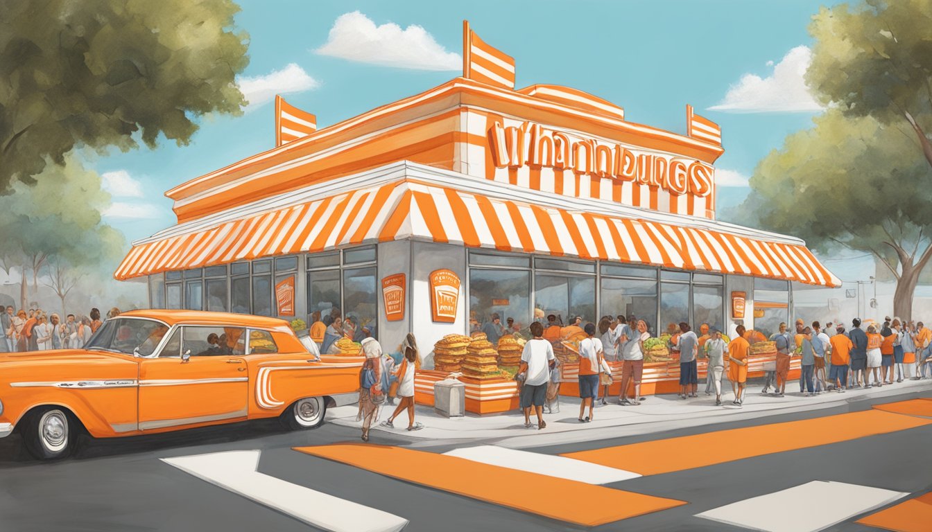 An art installation featuring Whataburger's iconic orange and white stripes, oversized burger and fries, and a crowd of excited fans interacting with the larger-than-life fast food sculptures