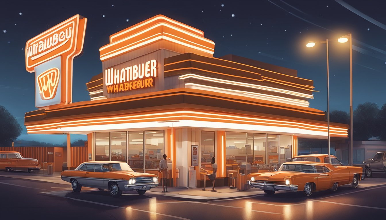 A bustling Whataburger restaurant at night, with neon lights illuminating the iconic orange and white striped building, and a line of cars wrapped around the drive-thru