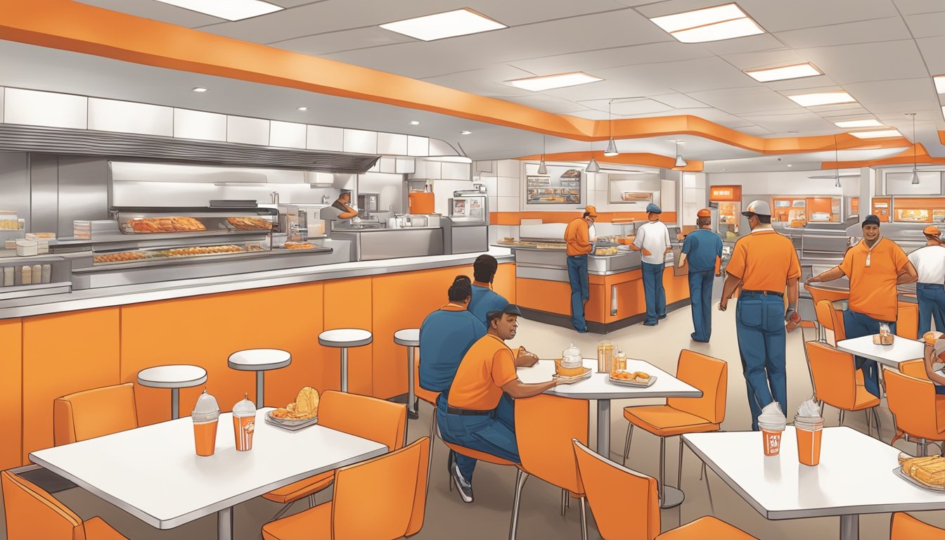 A bustling Whataburger restaurant with iconic orange and white decor, customers enjoying their meals, and employees working behind the scenes