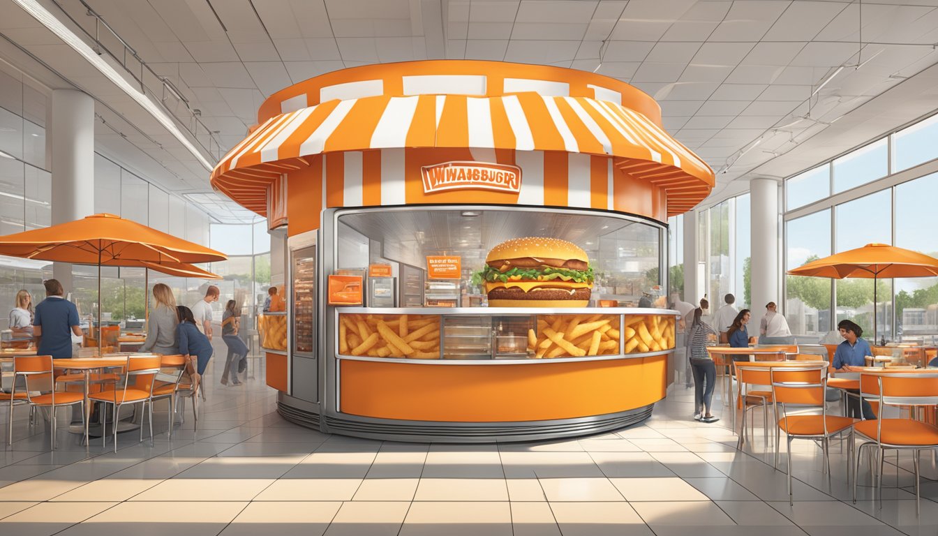 A larger-than-life Whataburger cup and fries stand as the centerpiece of a bustling fast food-themed art installation