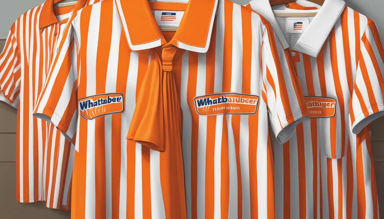 A line of Whataburger uniforms, from the classic striped apron to the modern red polo, displayed on hangers against a backdrop of the iconic orange and white stripes