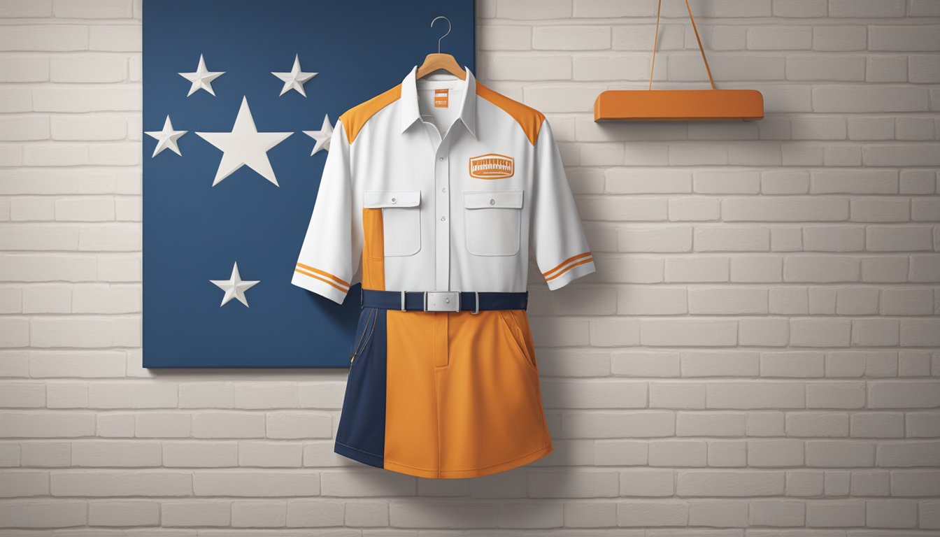 A Whataburger uniform hanging on a wooden hanger against a white brick wall with a retro Texas workwear vibe